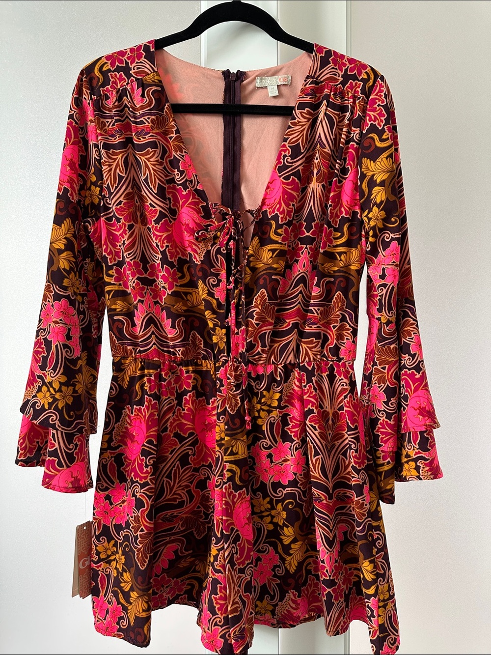 Gianni Bini Pink, Brown & Yellow Floral V-Neck Romper